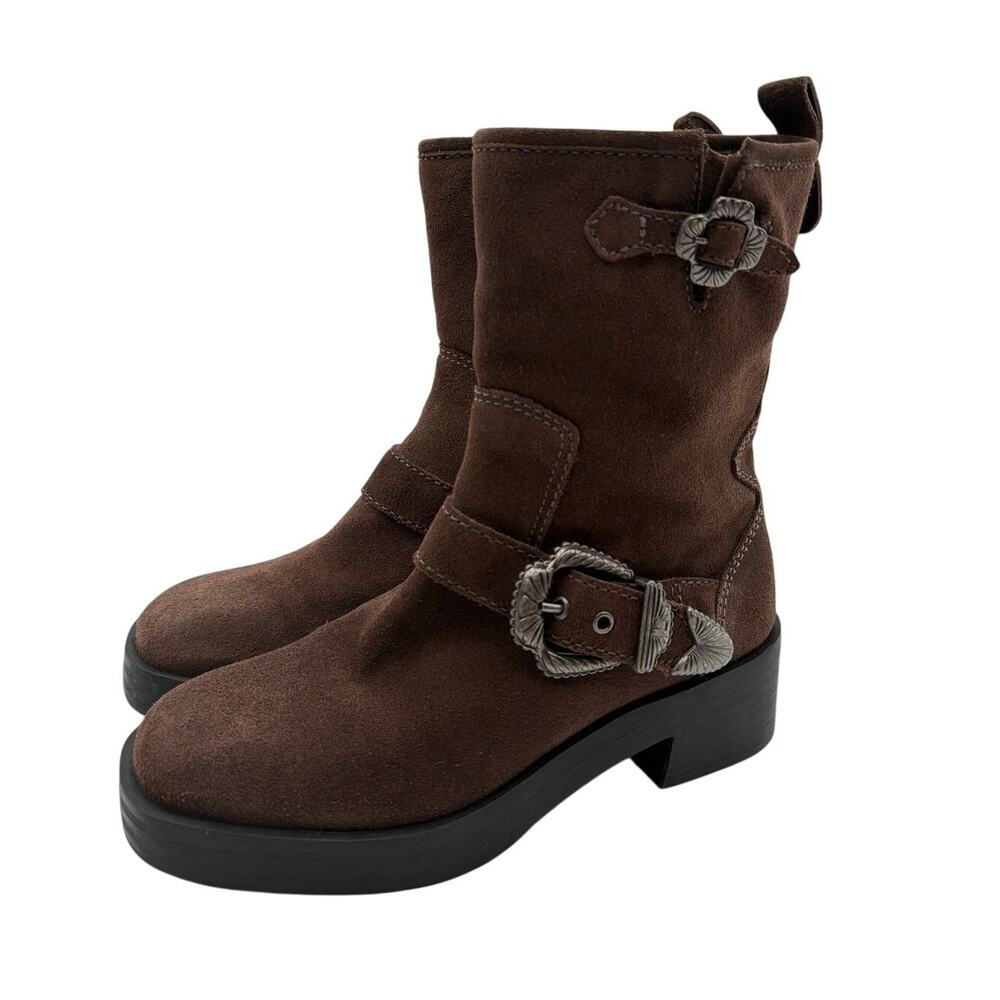 Larroude Hardy Brown Suede Moto Western Buckle Boots Womens 7 Made in Brazil